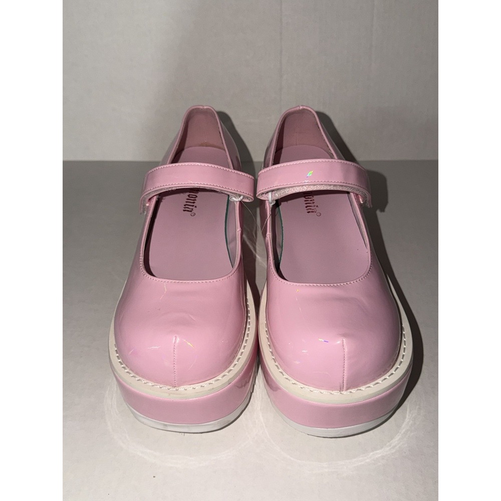 Demonia "Dollie-01" platform shoes in baby pink holographic patent 9 1/2